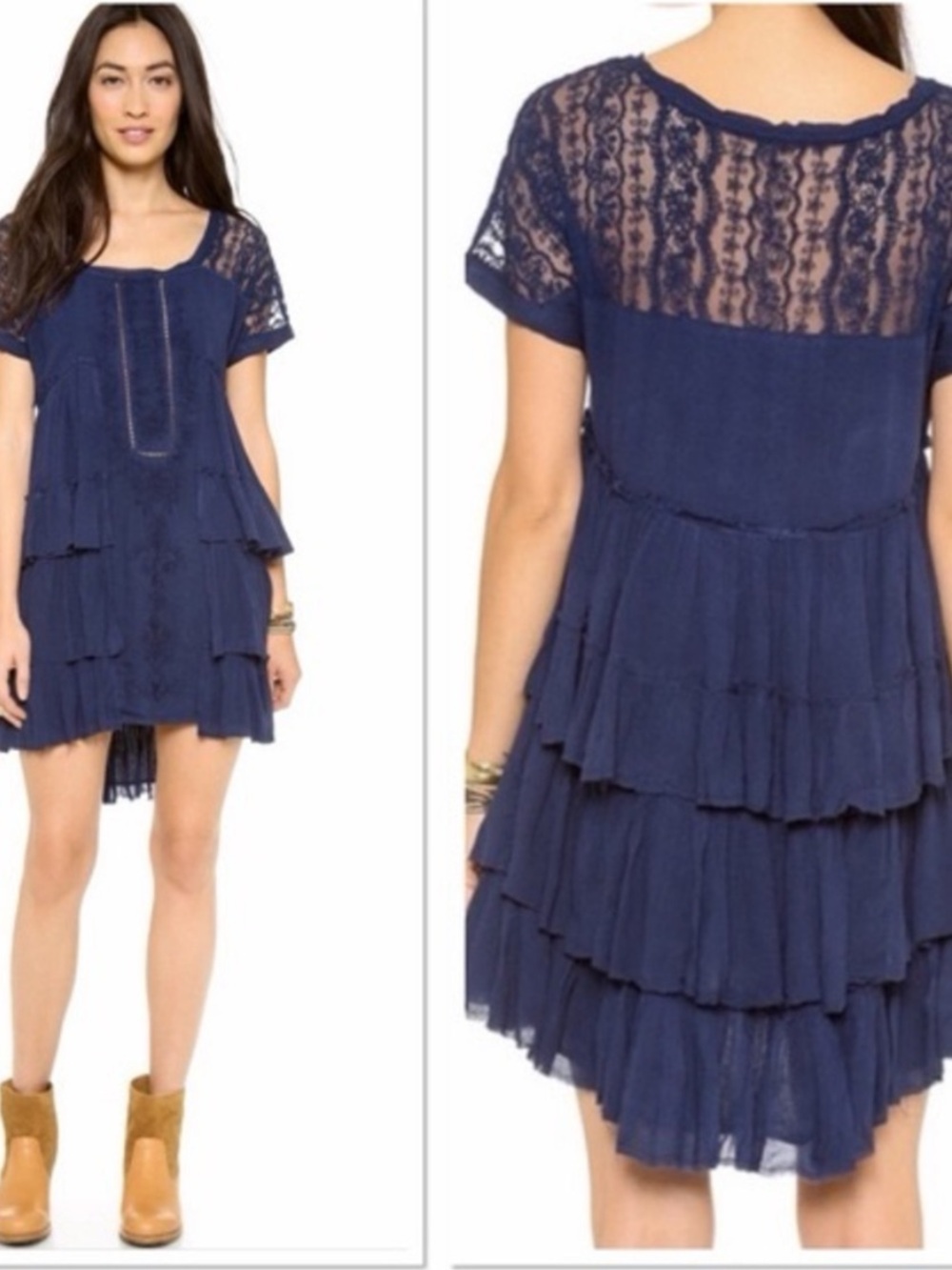 Free‎ People Sunbeam Navy Blue Lace Tiered Mini Dress Size XS